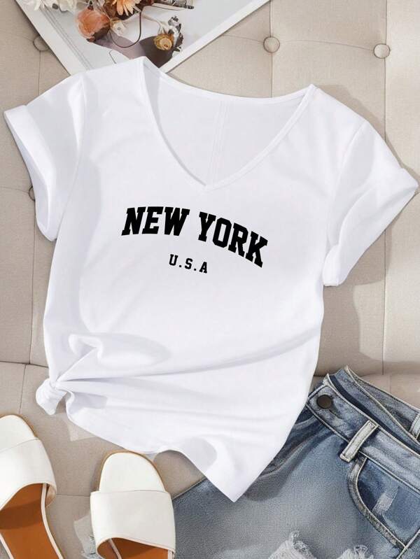 EMERY ROSE Plus Size Women New York Letter Graphic V-Neck Short Sleeve T-shirt, Casual Minimalist Pullover Tee For Summer White T Shirt Women
