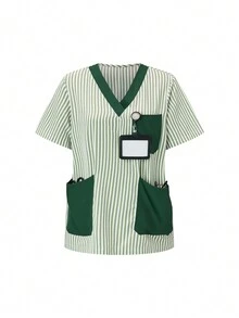 SHEIN TaskFit Women's Striped V-Neck Short Sleeve Top And Pants Casual Business Suit, Scrub Set - Green - View 4