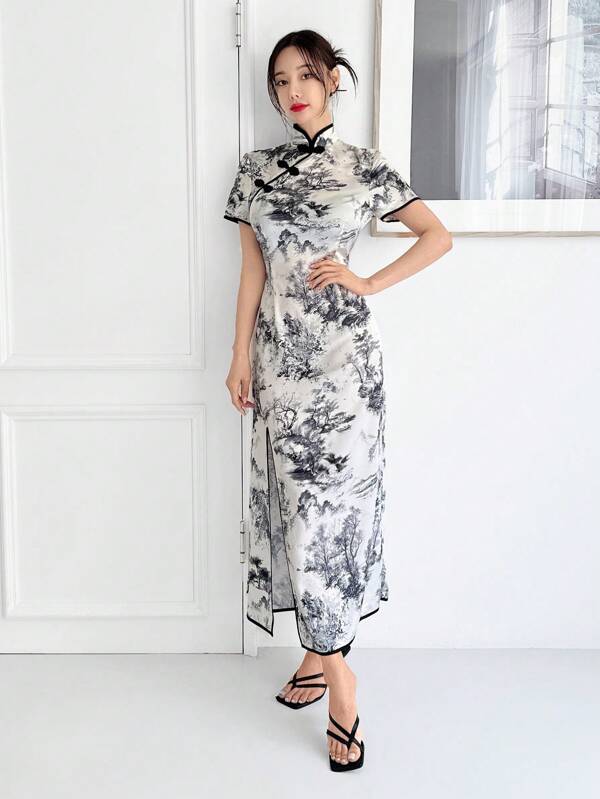 EastFlair Rochie Cheongsam din satin cu imprimeu peisaj în stil chinezesc, cu guler vertical, cu margine color-bloc