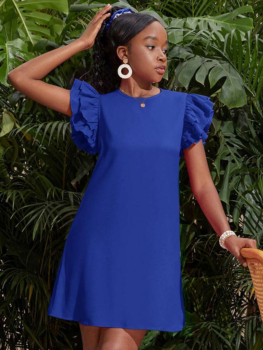 SHEIN SLAYR KIDS Teen Girl Woven Loose A-Line Doll Dress, Cap Sleeve Off-Shoulder Ruffle Hem Casual Summer Holiday Outfit Holiday Outfits - Royal Blue - View 1