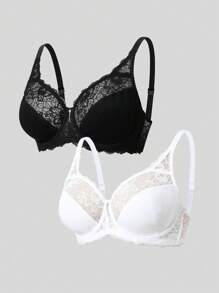 2pcs Sexy Lace Plus Size Bra With Underwire And Non-Padded, Anti-Sagging