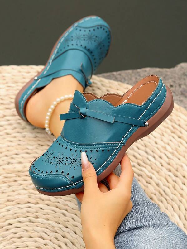 Women's Plus Size Bowknot Closed Toe Slippers, Brown, Wedge Heel And Platform Sandals