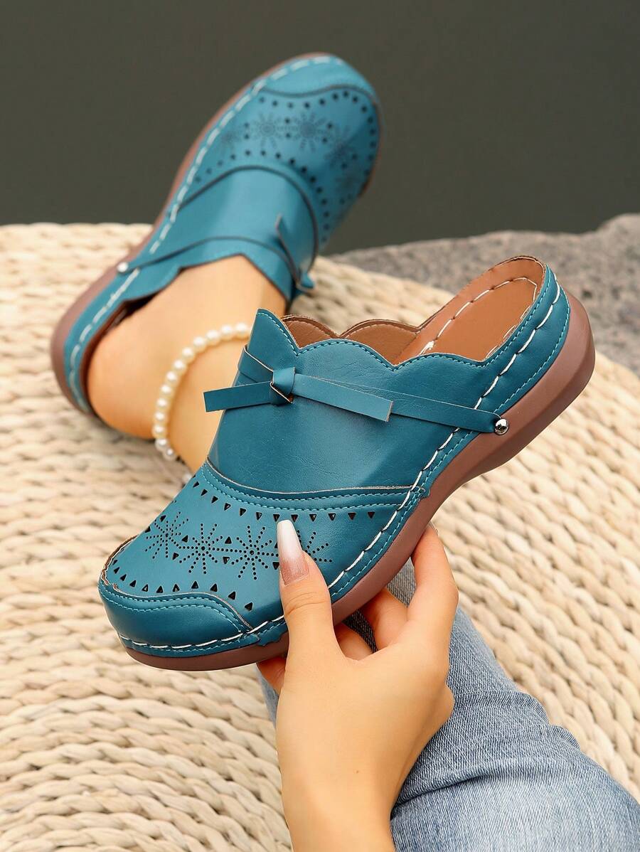 Women's Plus Size Bowknot Closed Toe Slippers, Brown, Wedge Heel And Platform Sandals