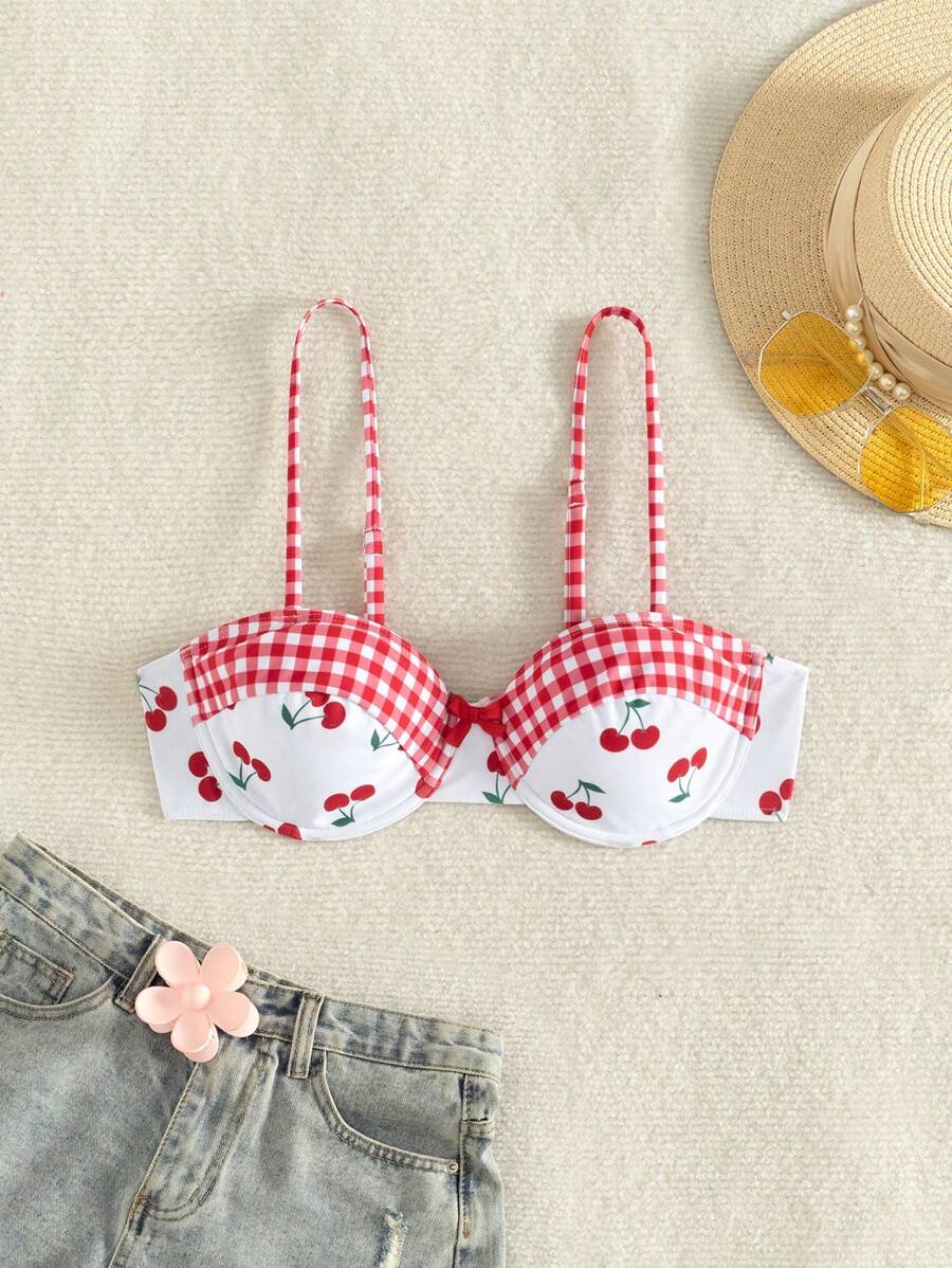 Swim Mod 女士夏季海滩网格图案樱桃印花泳衣上衣