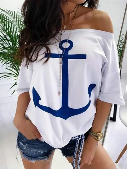 SHEIN LUNE Women's Spring/Summer Loose Fit Anchor Print Off-Shoulder Casual T-Shirt