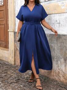 SHEIN Unity Plus Size Women's Fashion Solid Color Short Sleeve Shirt Dress - Blue - View 5