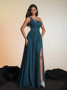 Smilprince 纯色不对称领口开叉大腿无袖 A 字腰部迷人别致法式雪纺晚礼服优雅伴娘礼服 - 藏蓝色 - 查看 7