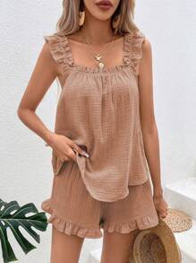 Breezaya Bộ áo vest và quần short viền bèo màu trơn dành cho kỳ nghỉ và giải trí - Bụi hồng - Xem 1