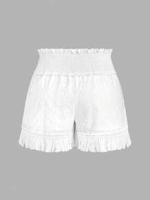 Celure Shorts de talla grande para verano, unicolor casual con bordado perforado y borlas en el dobladillo