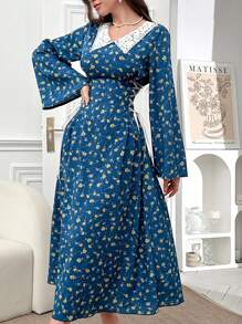Modelyn Ladies' Elegant Ditsy Floral Contrast Lace-Up Waist Long Flare Sleeve Modest Dress, Spring/Summer - Blue - View 3