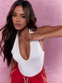 MISSGUIDED Jersey Plunge Halter Neck Bodysuit - White - View 3