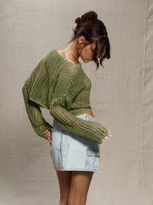 MUSERA Beach Vacation Stone Open Knit Asymmetrical Neck Jumper Spring Summer 90's Festival - Army Green - View 2