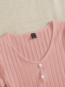SHEIN EZwear Lettuce Edge Button Front Rib-knit Top - Coral Pink - View 5