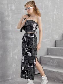 SHEIN Teen Girls Black & White Graffiti Newspaper English Print Strapless Tight Dress And Skirt Casual Streetwear Two-Piece Set