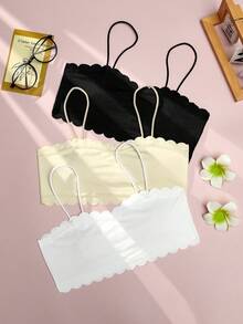 SHEIN Tween Girl 3-Piece Simple & Sweet Lace Trim Wireless Padded Bralette Set - Baby Pink - View 3