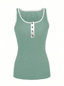 SHEIN LUNE 拼色凸角領V領釦式休閒夏季背心上衣