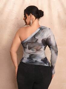 SHEIN BAE Plus Size Asymmetrical Sloping Shoulder All-Over Tie-Dye Pattern Mesh See-Through Fungus Long-Sleeved Tight T-Shirt