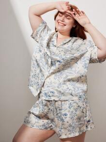 LUVLETTE Bộ đồ ngủ nữ ngắn bằng vải satin họa tiết hoa Plus - Xanh và trắng - Xem 4