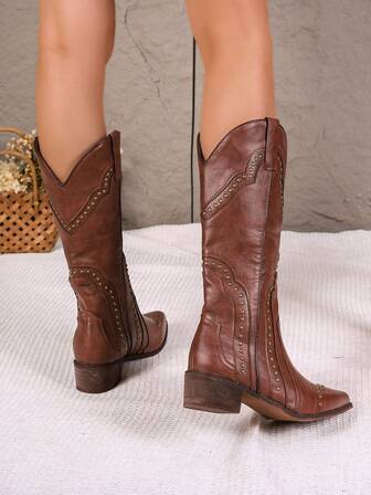 Fall/Winter 2025 Women's Mid-Calf Western Style V-Cut Brown Boots, Studded Decor, Square Toe, Low Block Heel, High Shaft Cowgirl Boots, Ladies Riding Boots,Cowboy Boots