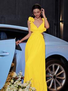 Váy dạ hội trễ vai in hoa, viền bèo nhún, dây chéo bằng vải chiffon có khóa kéo ẩn phía sau, váy dự tiệc cưới trang trọng thanh lịch, tốt nghiệp, váy dự tiệc tối - Màu vàng - Xem 7