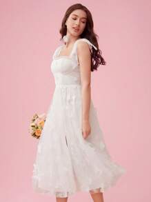 Enchnt Women Cute Princess Graduation Party Cocktail Prom Solid Color Butterfly Embroidery Mesh Split Hem Spaghetti Strap White Bow Dress, Summer Spring - White - View 11