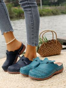 Women's Plus Size Bowknot Closed Toe Slippers, Brown, Wedge Heel And Platform Sandals