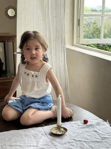 SHEIN 女童夏装灯笼裤两件套无袖上衣和下装儿童装2024新款休闲森系女童衣服薄款时尚 - 藍白色 - 查看 6