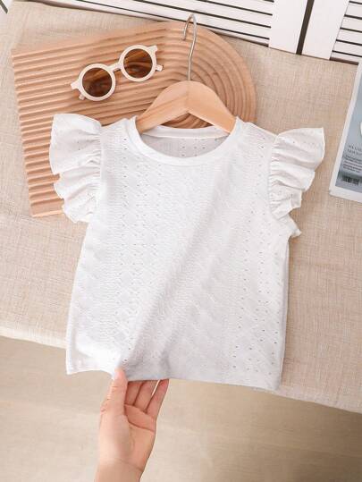 SHEIN LMoss Kids LMoss Young Girl's Knitted Jacquard Cap Sleeve Top For Spring/Summer Vacation And Leisure, Round Neck