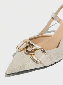 Damen Vintage Blumen Design High Heel Pumps mit Ketten Dekoration, spitzer Zehenbereich, Stilettoabsätze, Kleiderschuhe mit Knöchelriemen und eleganter weiß/beiger Farbe, geeignet für Frühling, Herbst, Outdoor, Alltag und Partys, elegant, Partyoutfits, Kitten Heels - Beige - Übersicht 7