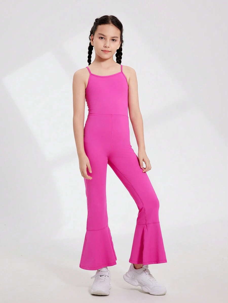 SHEIN Tween Girls' Quick-Dry Tight Jumpsuit, Breathable Casual Sports Leggings & High-Waisted Flared Pants For Fitness, Dance - Hot Pink - View 1