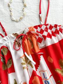 Soleia Women Vacation Style Red & White Color Block Split Novelty Architecture Print Ruffle Trim Front Bow Tie Camisole And Loose Shorts 2 Pieces Set, Suitable For Beach, Western Resort, Music Festival, Summer - Red and White - View 3