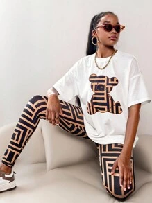 SHEIN Leap Crew Teen Girl White Khaki Bear Printed Geometric Casual T-Shirt And Leggings Casual 2pcs Set - White - View 3