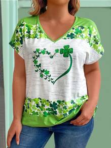 EMERY ROSE Plus Size Women's Clover Pattern Short Sleeve T-Shirt - Green - View 4