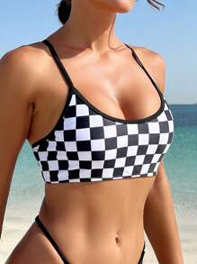 Swim Vcay Women's Summer Beach Checkerboard Printed Casual Bikini Top - Black and White - View 5
