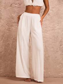 SHEIN BAE Summer White High Waist Wide Leg Pants With Pockets, Suitable For Beach Vacation, Romantic Date And Daily - White - View 2