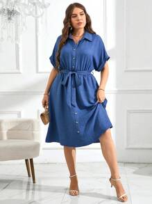 SHEIN Clasi 加大號女士夏季純色蝙蝠短袖休閒襯衫裙 - 藍色 - 查看 3