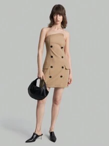Ontre 時尚女士純色鈕扣裝飾無肩帶連衣裙 - 卡其色 - 查看 3