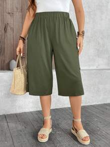 EMERY ROSE Plus Size Solid Color Casual Loose Wide Leg Capri Pants - Army Green - View 6