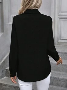 SHEIN LUNE 女士纯色长袖日常休闲衬衫（春夏季）、长袖上衣 - 黑色 - 查看 2