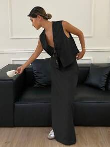 Livesso Solid Color Vest & Skirt Set With Belt For Women Summer, Women Two Pieces Sets,Back To School Clothes - Black - View 3