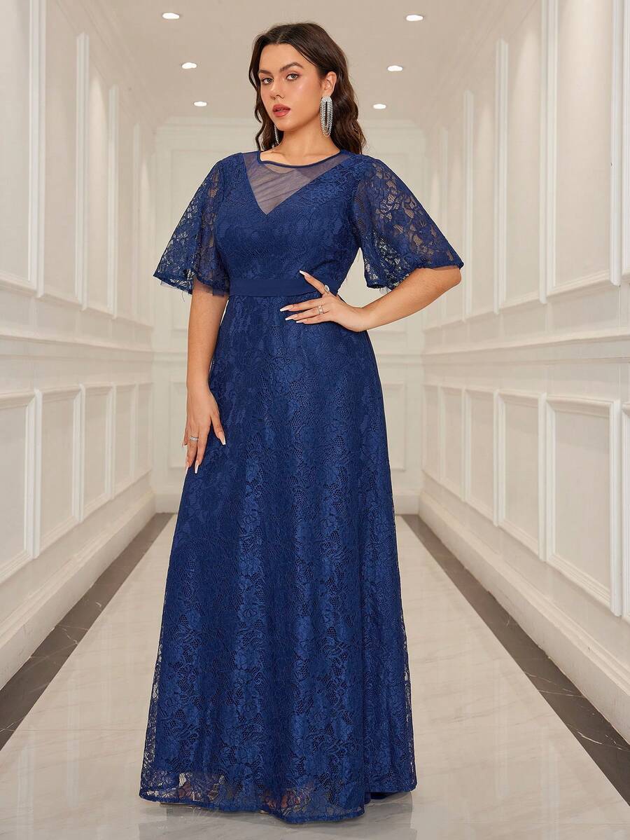 Vestido de noche extra largo de talla grande en unicolor con malla y encaje contrastante - Azul Marino - Ver 1