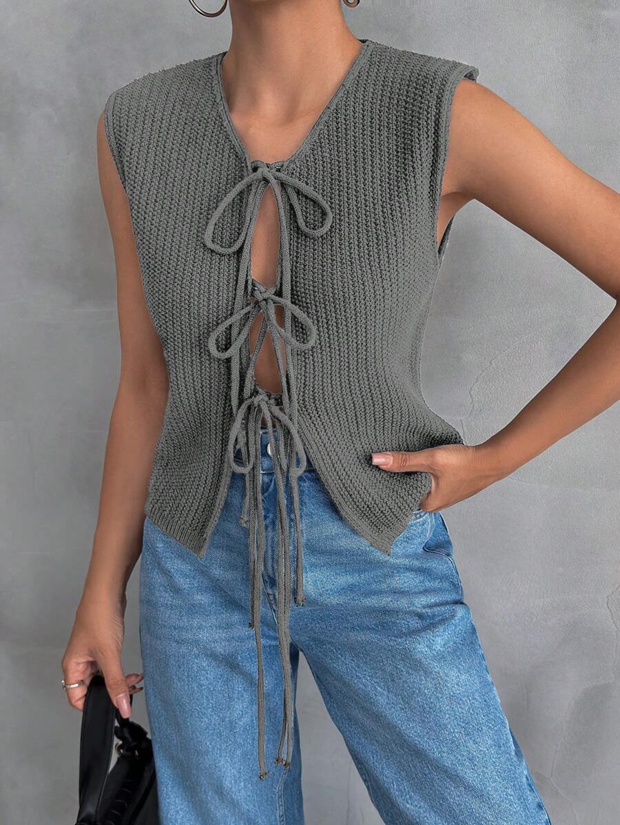 EURMUSE Short Nap Time Cardigan For Women With Front And Mid Tie Design, Suitable For Casual And Collegiate Style - Grey - View 1