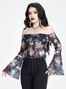 ROMWE Goth Sexy & Romantic Roses Digital Printing Lace Off Shoulder Top For Women - Multicolor - View 4