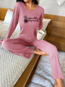 SHEIN Cottnline Women'S Letter Print Lounge Set With Ribbed Trim - Dusty Pink - View 1
