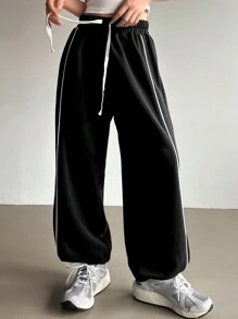 DAZY Women's Casual Color Block Drawstring Waist And Cuffed Hem Jogger Pants Fall,Winter Sweatpants - Black - View 1