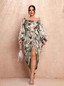 SHEIN BAE Vestido suelto de satén con escote cuadrado, mangas abullonadas, manga larga y abertura lateral en la pierna con patrón floral, talla grande