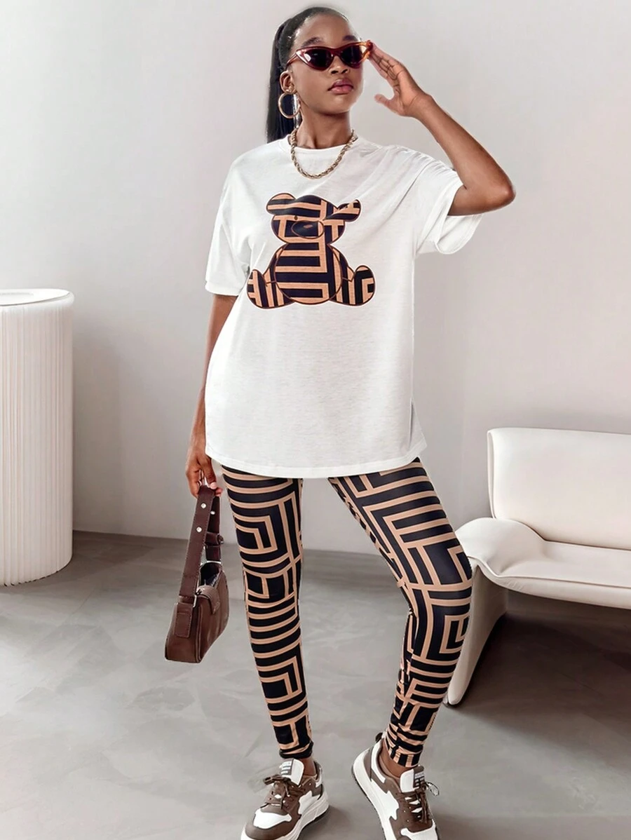 SHEIN Leap Crew Teen Girl White Khaki Bear Printed Geometric Casual T-Shirt And Leggings Casual 2pcs Set - White - View 1