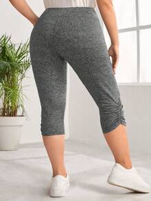 SHEIN CURVE+ Plus Size Grey Knit Ruched Design Detail Sports Leggings - Dark Grey - View 2