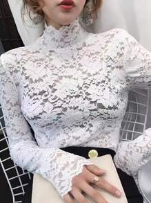 Spring/Summer Slim Fit High Neck Sexy Lace Top With Stretch