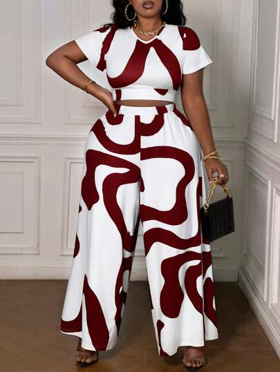 Slaydiva 女式加大码印花短袖 T 恤和阔腿裤套装